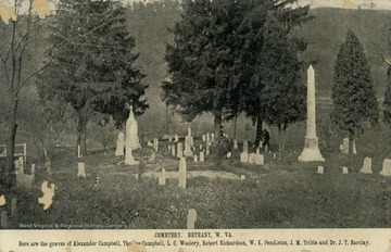 Caption on postcard reads: "Here are the graves of Alexander Campbell, Thomas Campbell, L.C. Woolery, Robert Richardson, W.K. Pendleton, J.M. Trible, and Dr. J.T. Barclay. (From postcard collection legacy system.)
