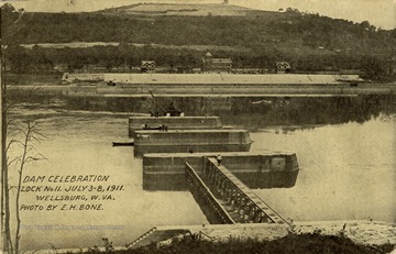 Celebration marking the formal opening of Dam No. II on the Ohio River. The celebration was held on "Old Home" week from July 3 to July 8, 1911. (From postcard collection legacy system.)