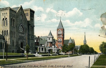 View of church and homes along side of Fifth Ave. in Huntington, West Virginia. See original for correspondence. Published by Hugh C. Leighton Company. (From postcard collection legacy system.)