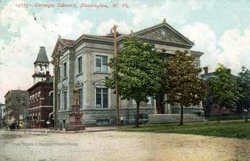 Built in 1902-1903 thanks to Andrew Carnegie who donated $35,000 towards it's construction. The building now houses Huntington Junior College. See original for correspondence. Published by Souvenir Post Card Company. (From postcard collection legacy system.)