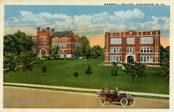 Car in the foreground drives past two campus buildings at Marshall College in Huntington, West Virginia. Published by I. Robbins &amp; Son. (From postcard collection legacy system.)