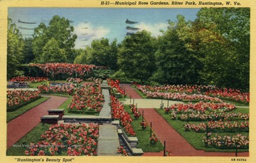 Caption on postcard reads: "Municipal Rose Garden, a part of the Huntington Park System, built in 1933. Contains over 3,500 rose plants. Mentioned in many house and garden publications as the Beauty Spot of Huntington." See original for correspondence. Published by Huntington News Agency. (From postcard collection legacy system.)