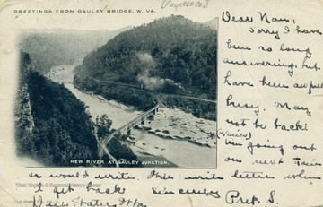 Bird's eye view of New River at Gauley Junction. See original for correspondence. (From postcard collection legacy system.)
