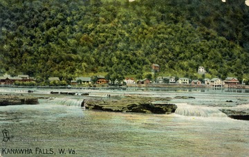 Homes in the distance at base of mountain at Kanawha Falls, West Virginia. See original for correspondence. Published by Raphael Tuck &amp; Sons. (From postcard collection legacy system.)