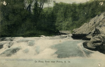 Man sits on a rock to the right side of the river. See original for correspondence. (From postcard collection legacy system.)