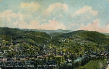 Hand painted aerial depiction over town center. See original for correspondence. Published by The Hugh C. Leighton Co. (From postcard collection legacy system.)