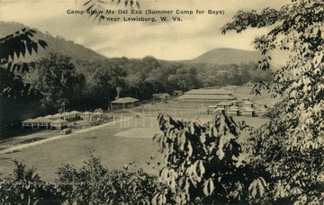 Summer camp for boys. Aerial view of the camp grounds. Published by Coleman's Pharmacy. (From postcard collection legacy system.)