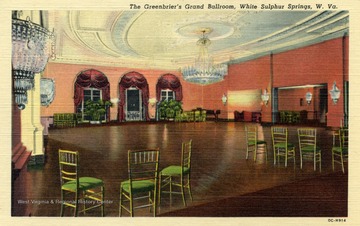 Interior view of The Greenbrier's Grand Ballroom. Caption on postcard reads: "Magnificent in size, The Greenbrier's Grand Ballroom is equally wonderful in its styling. Overhead is a dazzling, specially designed crystal chandelier measuring eight feet in diameter, which sets off the delicacy of the pale pink walls, the draped satin curtains of strawberry red, and the frailty of the gilt chairs with their effective turquoise cushions". Published by Genuine Curteich. (From postcard collection legacy system.)