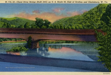 Cheat River Bridge built in 1835. Published by Rex Heck News Company. (From postcard collection legacy system.)