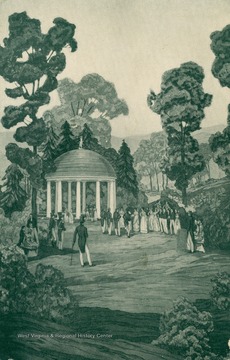 Illustrated scene of men and women gathered around a gazebo. (From postcard collection legacy system.)