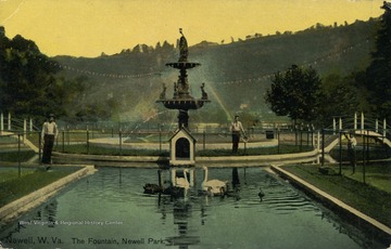 Two men and a young boy stand around the fountain and watch the swans swimming in it. Published by The Bagley Company. (From postcard collection legacy system.)