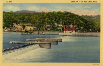 Caption on back of postcard reads: "Lock No. 9 on the Ohio River near Toronto and Steubenville, Ohio, near Chester, W. Va. and East Liverpool, Ohio". Published by Minsky Bros. &amp; Company. (From postcard collection legacy system.)