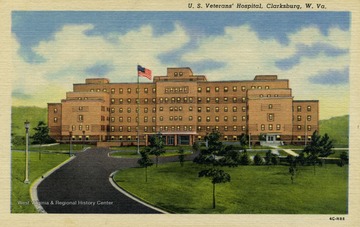 Caption on back of postcard reads: "200 bed U.S. Veterans' Hospital built on a beautiful 75 acre tract of land on U.S. route 19, south along the West Fork River, Clarksburg, West Virginia". Published by Rex Heck News Company. (From postcard collection legacy system.)
