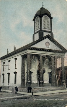 Caption on back of postcard reads: "Court House at Charlestown, W. Va. (then Virginia), where John Brown was tried and convicted on Nov. 2, 1859. The scaffold on which Brown was executed was afterwards built into the porch of a house, bought by a Confederate soldier, still the owner. It was taken to Chicago and then brought to Washington. The Kansas State Historical Society will probably become its permanent owner." Published by The National Tribune. (From postcard collection legacy system.)