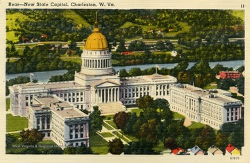 Caption on back of postcard reads: "Rear view of West Virginia's ten million dollar state capitol reveals the commodious office wings which extend backward from the main section of the building housing the legislative and executive departments. The Capitol's ground area before the rear esplanade is a scene of many official ceremonies." Published by he A.W. Smith News Agency. (From postcard collection legacy system.)