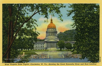 Caption on back of postcard reads: "The State Capitol, E. Kanawha Blvd., between Duffy St. and California Ave. and extending to Washington St., stands on shaded landscaped grounds overlooking the Great Kanawha River. Designed in the Italian renaissance style by Cass Gilbert, it was completed in 1932 at a cost of $10,000,000. A dome 300 feet high, embossed with gold leaf, crowns the central unit, which measures 120 by 558 feet. Atop the crowning lantern is a bronze staff upon which is poised a golden eagle." Published by The S. Spencer Moore Company. (From postcard collection legacy system.)