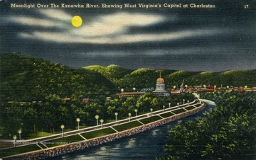 Caption on back of postcard reads: "The Kanawha Boulevard was constructed by the City of Charleston, along the north bank of the Great Kanawha River. It is one of the most elaborate and beautiful projects of its kind in the United States and was built in 1938-39 at a total cost of nearly four million dollars." See original for correspondence. Published by The A.W. Smith News Agency. (From postcard collection legacy system.)
