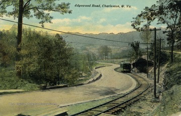 Train travels down the tracks besides Edgewood Road. (From postcard collection legacy system.)