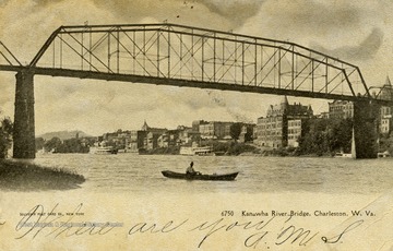 Man canoes past the Kanawha River Bridge on the Kanawha River. Published by Souvenir Post Card Company. (From postcard collection legacy system.)