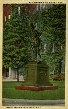 Caption on back of postcard reads: "H.K. Bush Brown, Sculptor. Unveiled December 10, 1912. Montani Semper Liberi. Dedicated to the Hallowed Memories of the Brave Men and Devoted Women Who Saved West Virginia to the Union. Presented to the State and People of West Virginia through the instrumentalities of The Grand Army of the Republic and the Women's Relief Corps by a Private Citizen." See original for correspondence. Published by The S. Spencer Moore Company. (From postcard collection legacy system.)