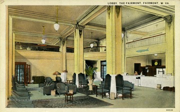Interior view of the lobby at The Fairmont. Published by I. Robbins and Son. (From postcard collection legacy system.)