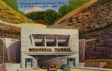 Caption on back of postcard reads: "The Memorial Tunnel which cost nearly $5,000,000 is the most challenging construction on the entire Turnpike. Memorial Tunnel, in honor of all West Virginians who have served or are now serving the Armed forces of our Country." Published by Tichnor Bros. (From postcard collection legacy system.)