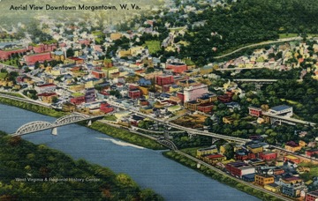 Showing business district with Monongahela River in foreground. Published by Photo Crafters Incorporated. (From postcard collection legacy system.)