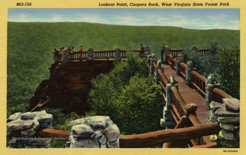 Caption on back of postcard reads: "Ranger service, large parking areas, a refreshment concession and other conveniences for the visitor help to make Cooper's Rock a popular daytime resort, near Morgantown, W. Va. Published by Minsky Brothers and Company. (From postcard collection legacy system.)
