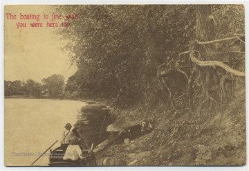 Group of boys enjoy the river and rest on the bank. See original for correspondence. (From postcard collection legacy system.)