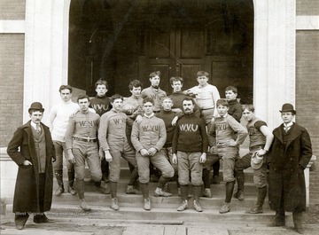 Only identified subject is Melville Davisson Post, standing on the far left ,front row wearing street clothes. Post was not only a strong supporter of the team , but was a major fund raiser for the football program in its infancy. [No. 7]