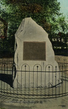 Inscription on monument reads: "In memory of the soldiers of the American Revolution buried in Wood County. Capt. James Neal, Capt. John James, Lieut. Samuel Bell, Ord. Sergt. Francis Langfitt, Bailey Rice, Richard Mathew, Matthew Maddox, and Spencer Sharp. These men freely offered on the altar of their country their lives, their fortunes, and their sacred honor. Erected by the James Wood Chapter, Daughters of the American Revolution - 1908." Published by The Leighton and Valentine Company. (From postcard collection legacy system--subject.)