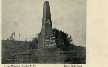 Inscription on monument reads: "Erected In Memory of David Morgan Directly Upon The Ground Of His Famous Encounter With Two Indians Near 1774." Published by C.C. Arnett. (From postcard collection legacy system--subject.)