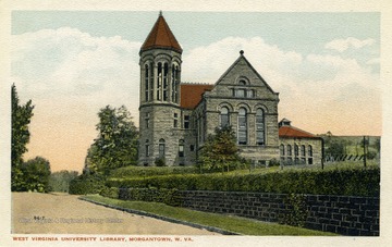 Now known as Stewart Hall and no longer the campus library. Published by C.W. Phillips and Company. (From postcard collection legacy system--WVU.)