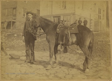 Frank Stephens and his horse pose on a cobbled street in Morgantown, W. Va. Published by Monongahela River Photo Co.