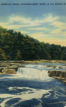 Caption on back of postcard reads: "George Washington explored these falls in May 1754 during the French and Indian War. Colonel Washington contemplated establishing a fort on the area around the falls. This idea was abandoned due to the rough and rocky condition of the Youghiogheny River." Published by Uniontown News Agency and Company. (From postcard collection legacy system--Non-WV.)