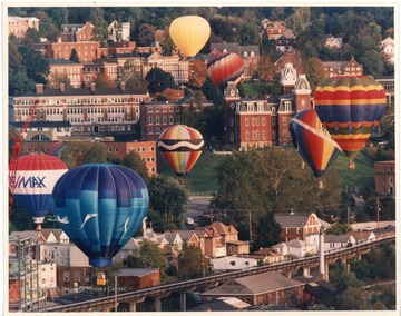 University Toyota's "Mountaineer Balloons Festival"  involved around 40 hot air balloons traveling around Morgantown, often flying above the University campus as seen here.The Festival lasted for until at least 2007, then was put on hiatus due to the loss of festival grounds. It returned in 2015 as "Balloons Over Morgantown," a simpler version of the event.