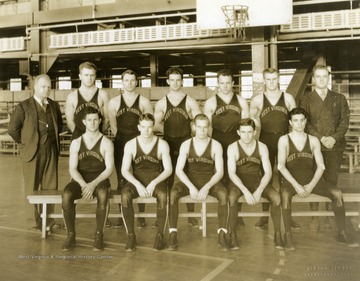 Print number 271. Back row, from left to right: Coach Albert "Whitey" Gwynne, Dan Conaway, Bob Kyle, Joe Johnston, Dick Hibbert, Forrest Ward, and Manager Harold Eagle. Front row, from left to right: Clarence Hess, Bob Glass, Captain Dick Chittum, Charley Sites, and Salvatore Garofalo.