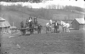 Two horses pull a very large wagon with five people in it.