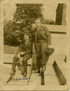 Unidentified WVU freshmen pose on campus. Note: this photograph was found the Grafton Senior High School yearbook, 'The Re-echo of 1949'.