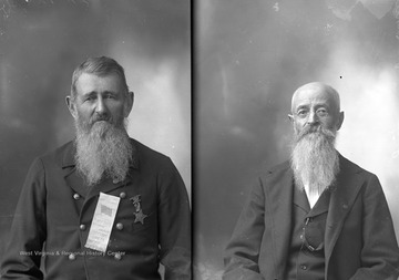 Man on left wears a ribbon that says "Preston County Soldiers' Reunion July 2, 3, and 4 Kingwood, W. Va.".