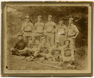 Identified as inscribed on the back of the photograph: 1.John Hall; 2.Tom Clutts; 3 Burton; 4. Brandenburgh; 5.Bowling - Captain; 6.Frank Clutts; 7.Marion; 8.Ed Clutts; 9 Frisby; 10. Unidentified . 