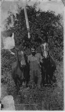 Cook pictured with horses, named Dan and Doc, on the farm.
