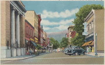 Drawn depiction of a street scene.Published by Beckley News Co.,  Beckley, W. Va.