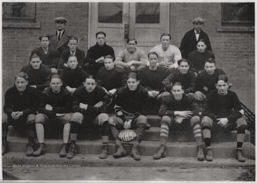 The third ever football team of Hinton High School, which finished the season 6-3 with a total of 156 points scored. Subjects unidentified.