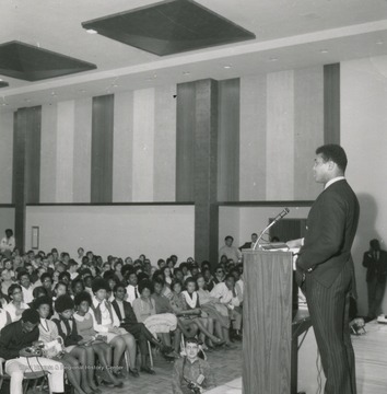 Boxing champion Muhammad Ali addresses students while visiting West Virginia University as a part of the Festival of Ideas speaker series