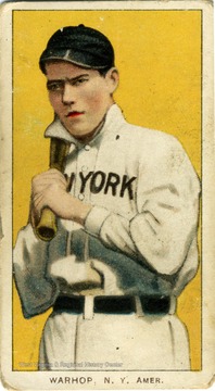 Piedmont Tobacco card of American League hurler Jack Warhop. He pitched 8 years for the New York Highlanders/Yankees against some of baseball's all time legends during the dead ball era. The Summers County native is  best known for throwing to Babe Ruth, the Babe's first and second major league career home runs. 