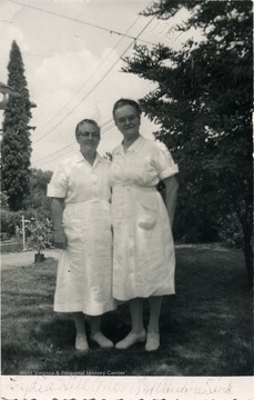 Pauline Barr and her mother Lydia Hanna Barr Ballangee dressed in nurses' whites as employees of Hopemont Hospital.