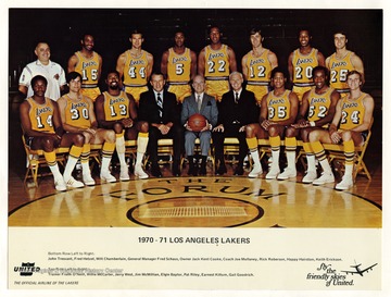 West (No. 44) played for the Los Angeles Lakers after his basketball career at West Virginia University from 1960 to 1974. The team is pictured here in an advertisement for United Airline.Pictured on the bottom row, from left to right, is John Tresvant, Fred Hetzel, Wilt Chamberlain, General Manager Fred Schaus, Owner Jack Kent Cooke, Coach Joe Mullaney, Rick Roberson, Happy Hairston, and Keith Erickson.In the top row, from left to right, is Trainer Frank O'Neill, Willie McCarter, Jerry West, Jim McMillian, Elgin Baylor, Pat Riley, Earnest Killum, and Gail Goodrich. 