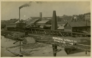 This image is part of the Thompson Family of Canaan Valley Collection. The Thompson family played a large role in the timber industry of Tucker County during the 1800s, and later prospered in the region as farmers, business owners, and prominent members of the Canaan Valley community.View of Babcock Lumber Company and logs floating down river. 