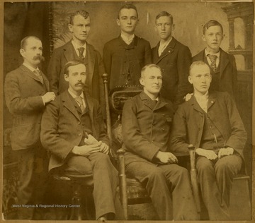 From left to right is George Ferguson; P. J. Clark; F. E. Fisher; A. L. Hume; J. A. Ahern; Frank Wheeler; G. D. Thompson and George. B. Thompson.This image is part of the Thompson Family of Canaan Valley Collection. The Thompson family played a large role int he timber industry of Tucker County during the 1800s, and later prospered in the region as farmers, business owners, and prominent members of the Canaan Valley community.George B. Thompson came to Tucker County as part of the Blackwater Boom and Lumber Company, formerly known as the Thompson Lumber Company. He worked there as a secretary and timekeeper until 1907, when the company was bought by Babcock Lumber Company of Pittsburgh, Pennsylvania, as he was then appointed manager.After the mill closed in 1924, George B. Thompson remained in the community as a local business man and served a term as postmaster of Davis. He also served a term in the House of Delegates as the representative from Tucker County. 